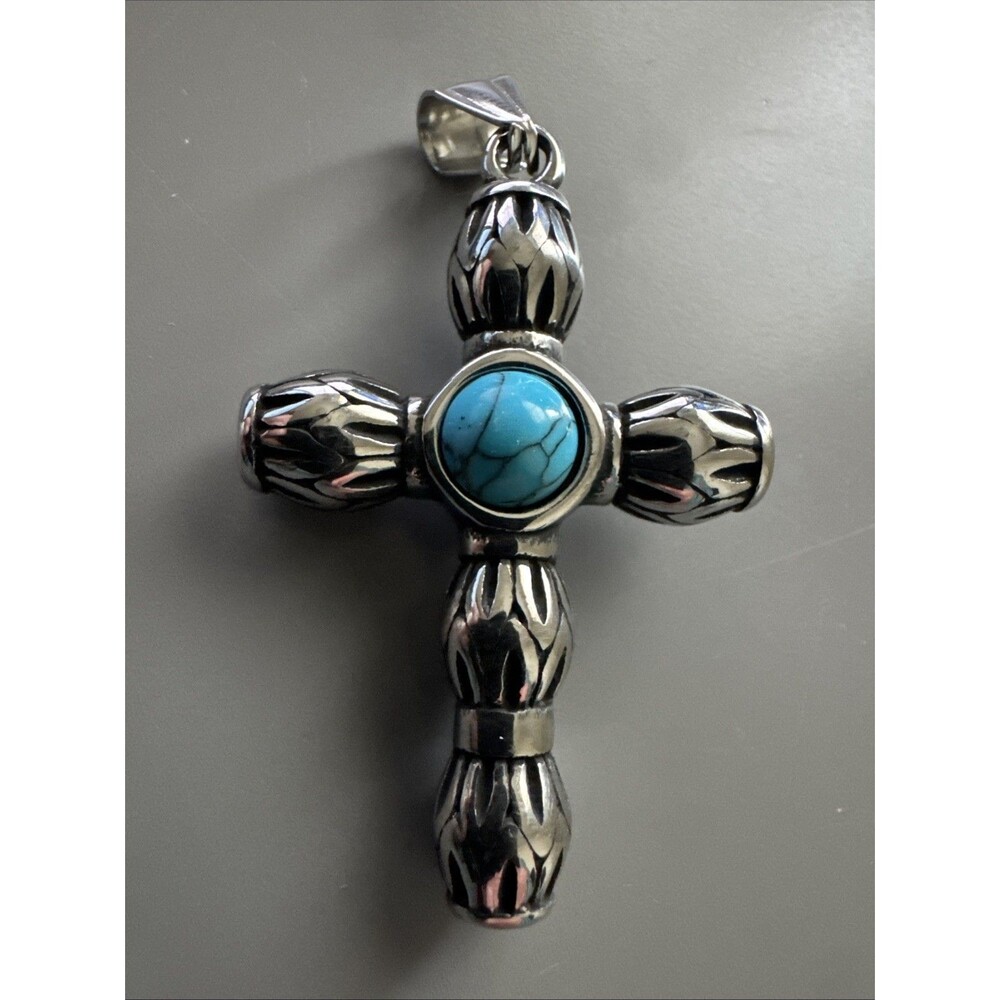 Three-dimensional Cross Pendant Dark Metal Tone Stainless Steel 24” Chain Viking